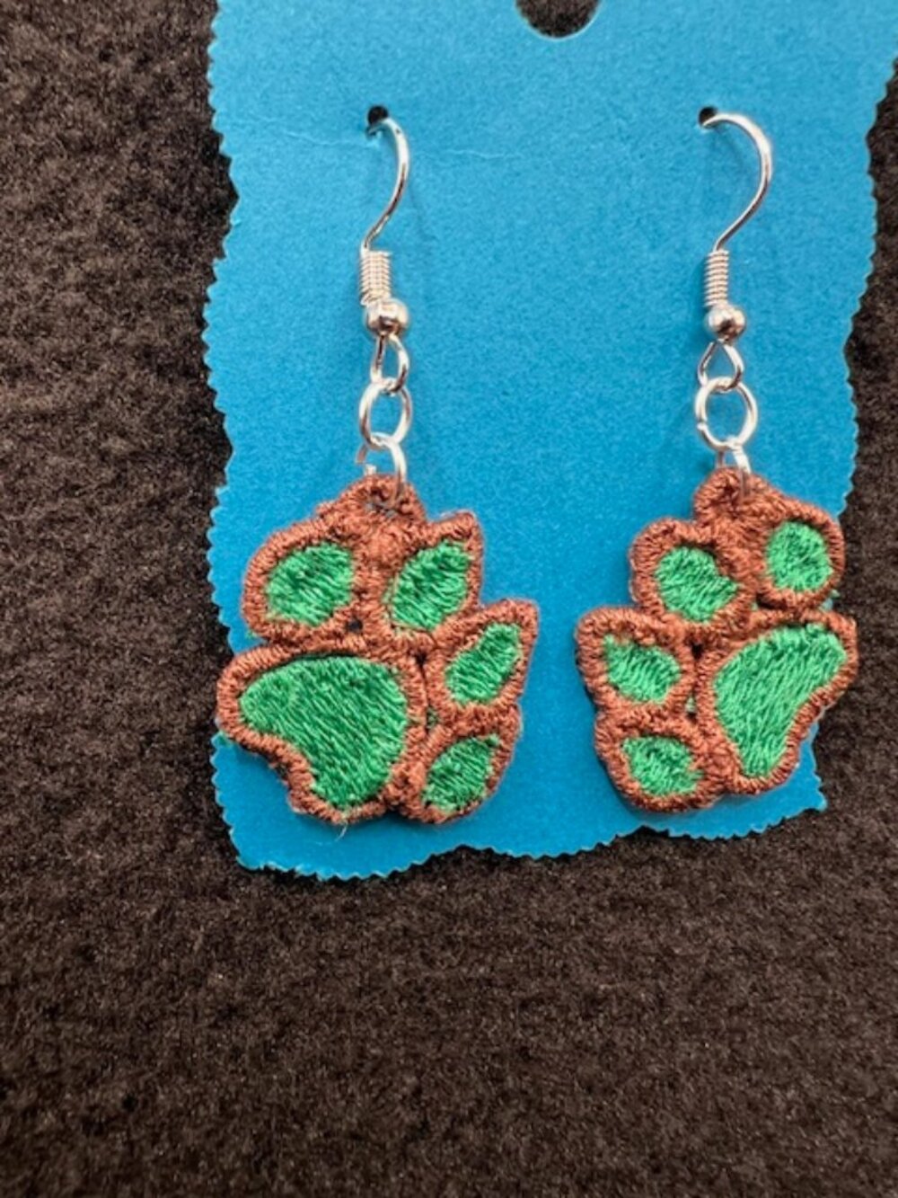 Homemade Brown & Green Paw Print Lace Earrings - Picture 2 of 7